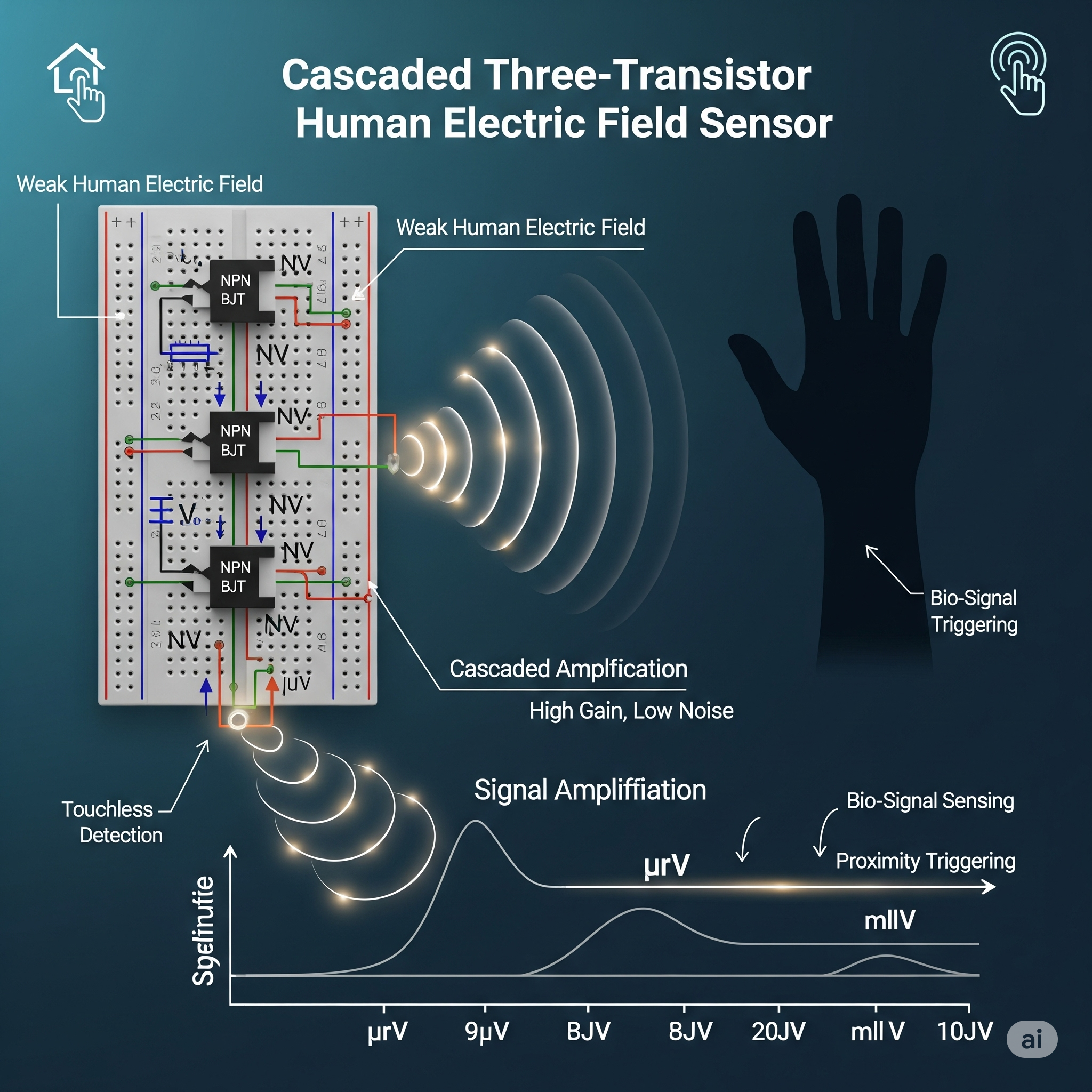 Cascaded Three-Transistor Human Electric Field Sensor